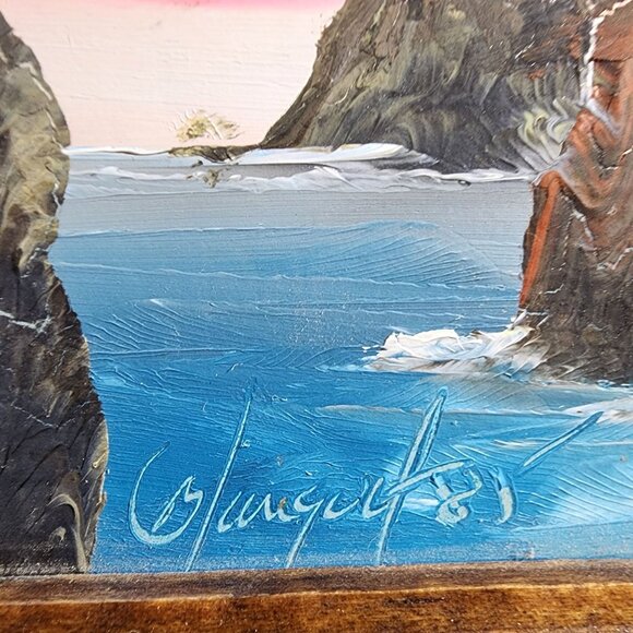 Vintage Daniel Blanquet Mexican Miniature Oil Painting Cliff Diver Ocean Sunset - Picture 3 of 5